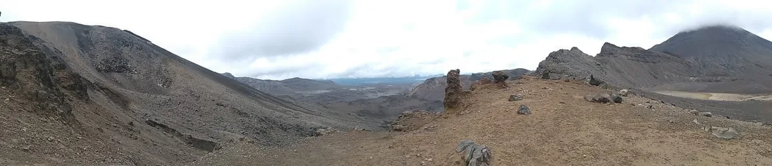 A wide panoramic view of barren volcanic terrain under an overcast sky