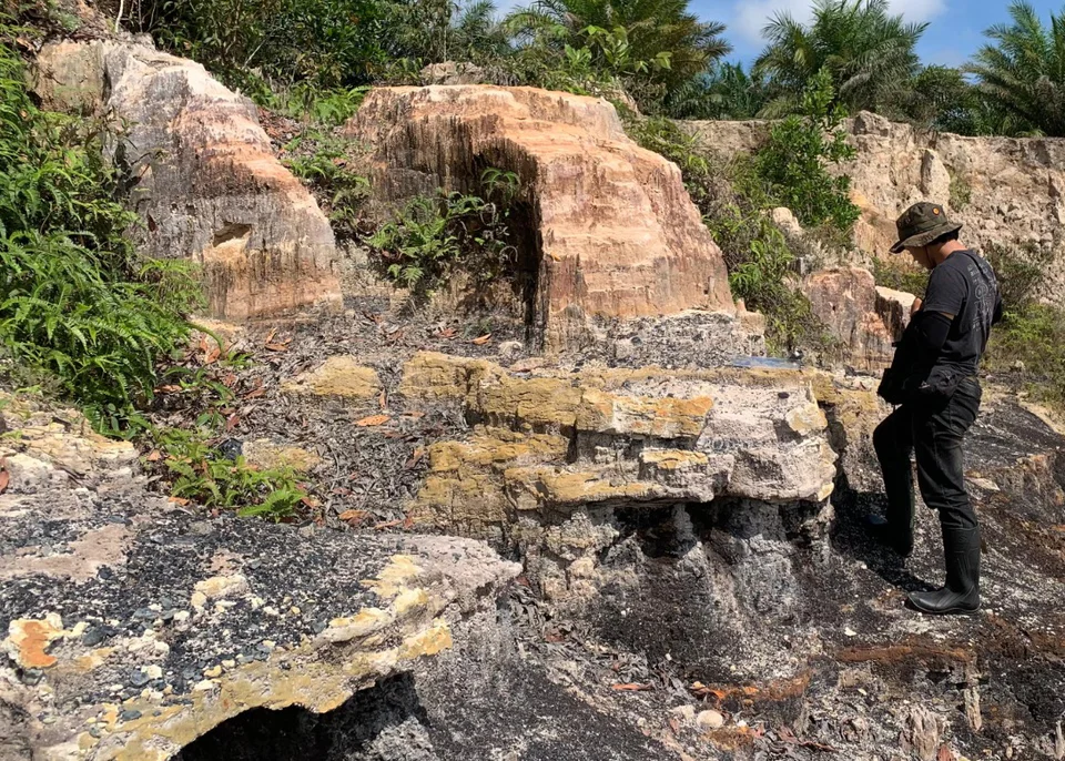 A geologist examining weathered rock layers in an exploration exposure