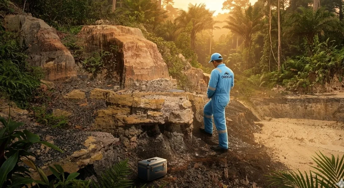 A field worker in an Orekus uniform standing on dark ground beside an exposed rock face at the forest edge