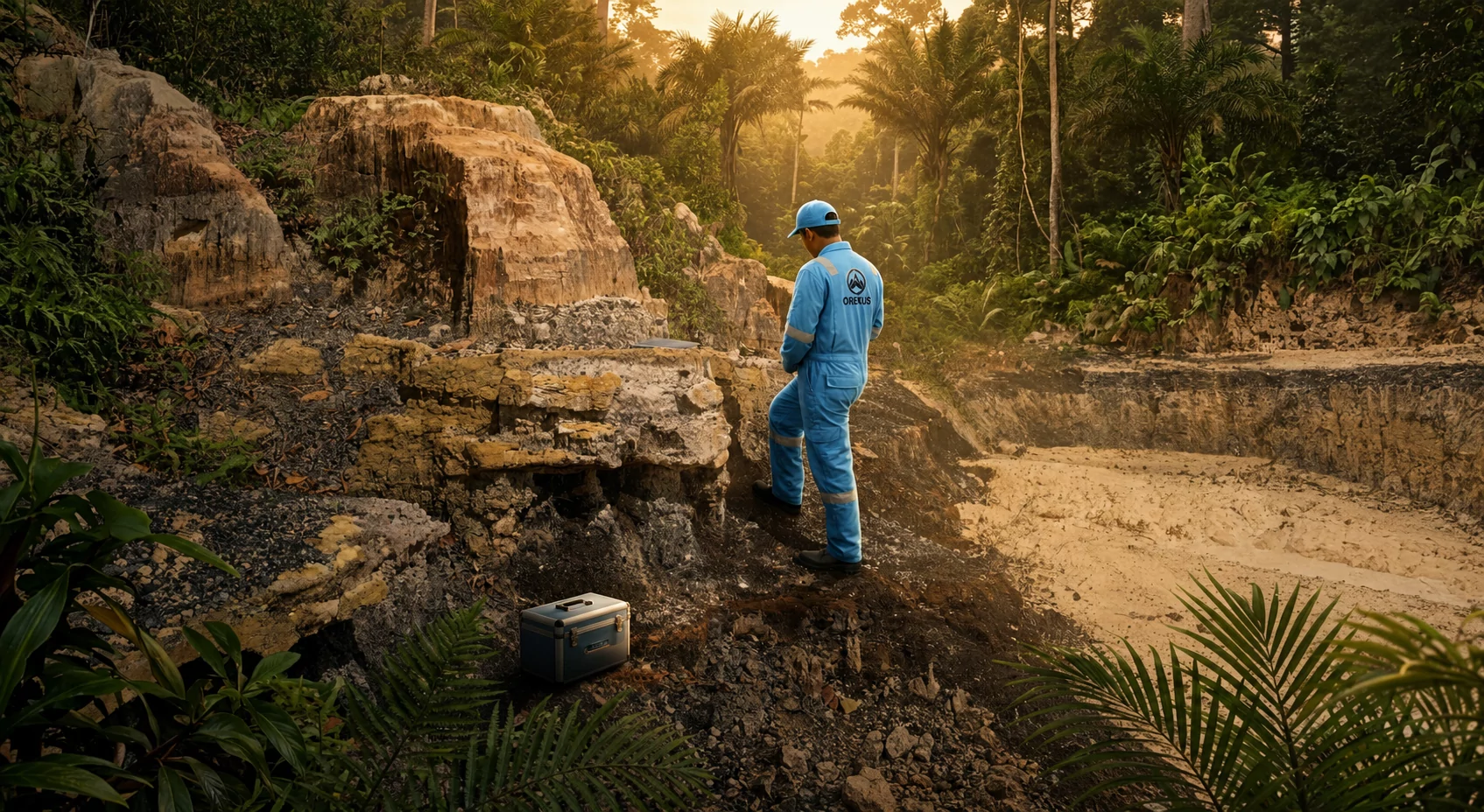 An Orekus field worker in uniform beside an exposed rock face at the forest edge, in warm evening light